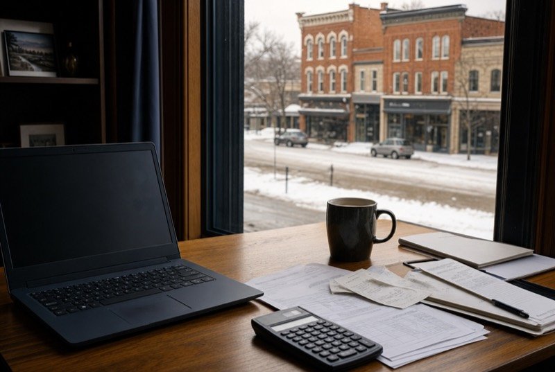 Laptop, calculator and paperwork neatly laid out by a window with snow on the street outside
