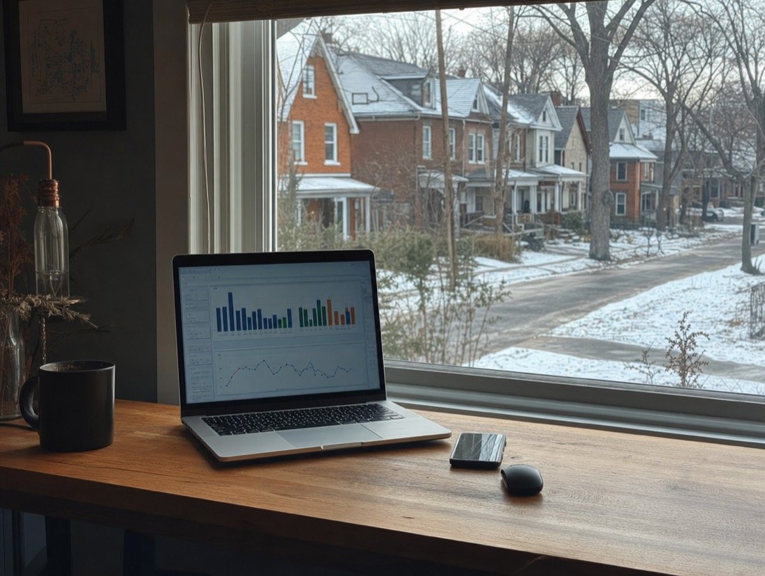 Laptop open to advertising charts beside a window, older brick houses and snow outside