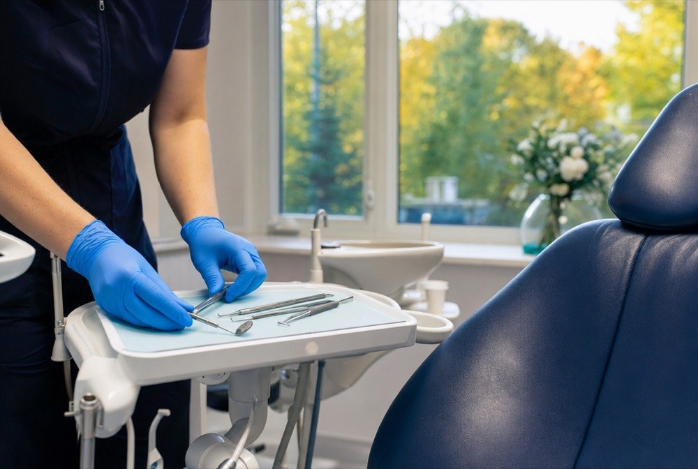 Close view of gloved hands placing clean dental tools in a row next to a patient chair