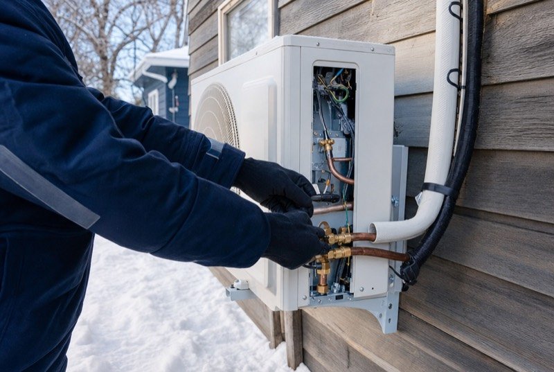 Gloved hands servicing an outdoor heat pump on a wood-clapboard wall in fresh snow, a trade where industry SEO follows the seasons