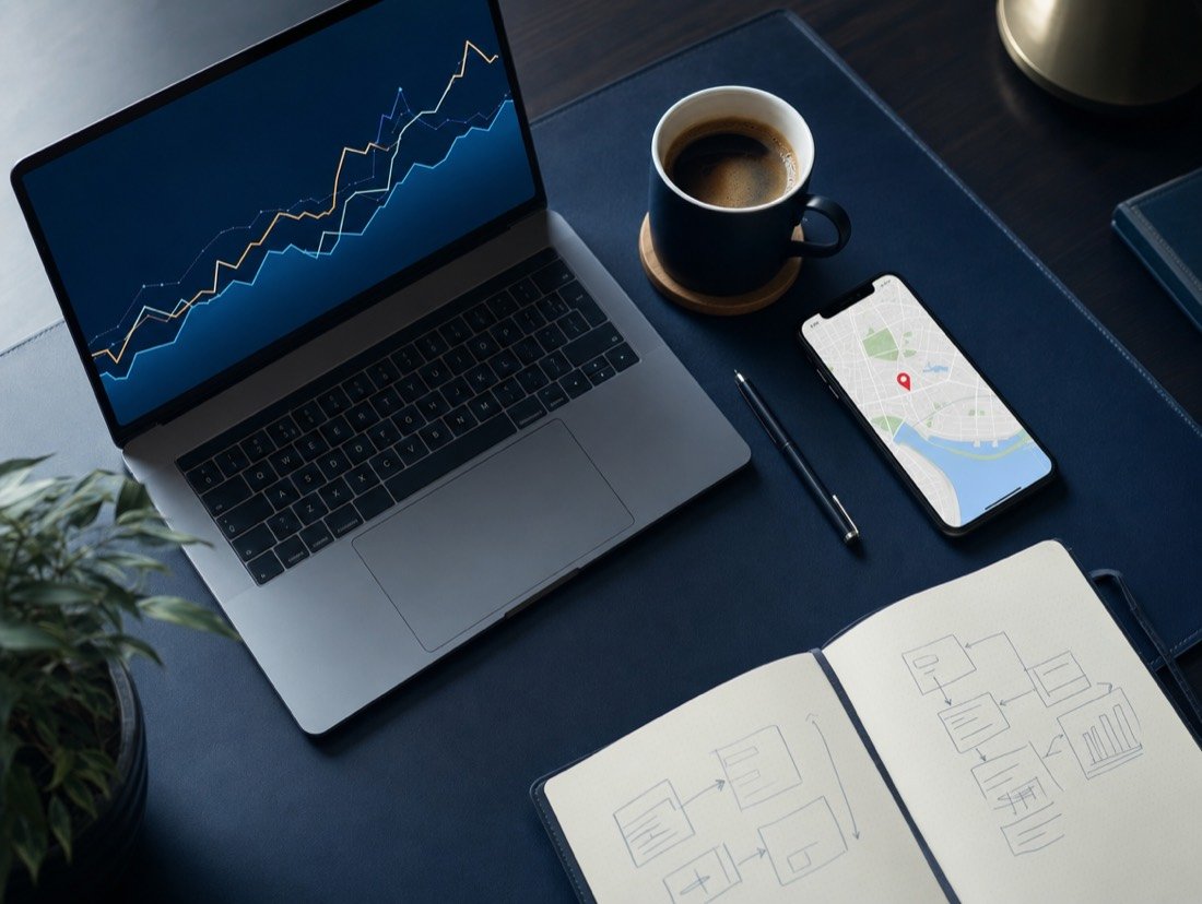 A laptop showing an upward line chart on a dark desk, next to a phone open to a map, coffee and a notebook