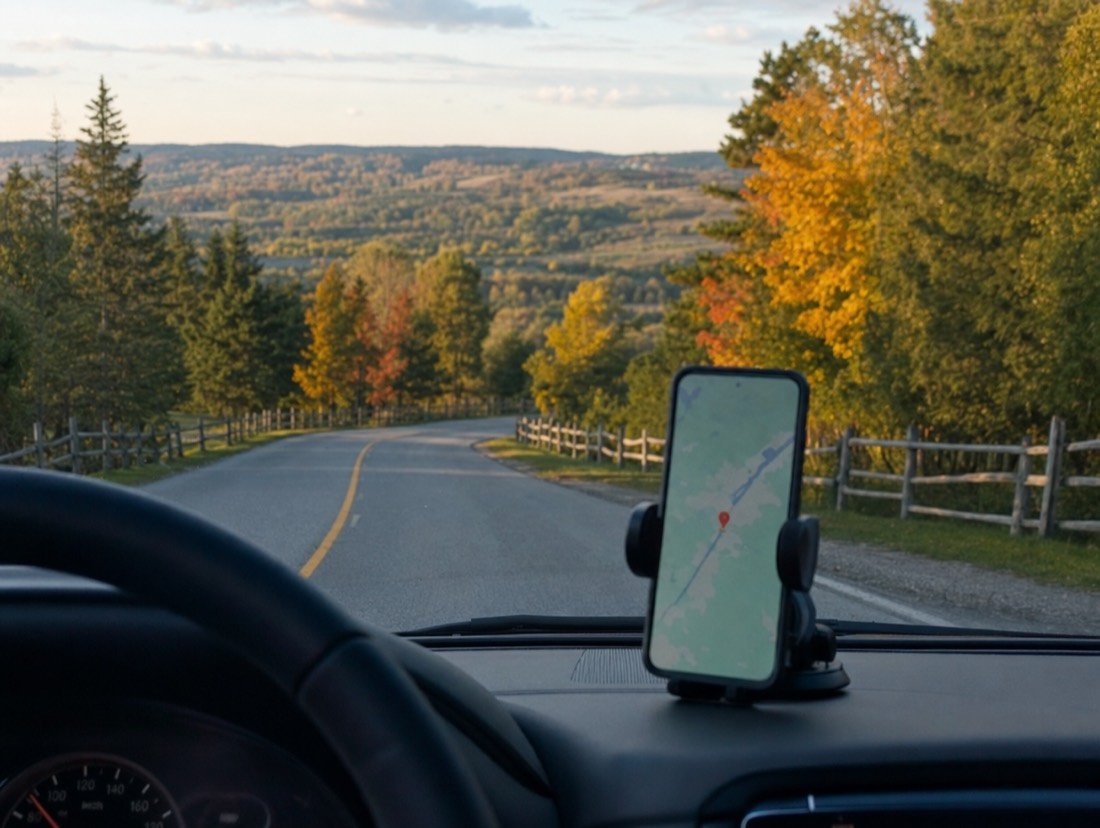 Dashboard phone mount holding a map with a red pin, a two-lane road winding through autumn trees ahead