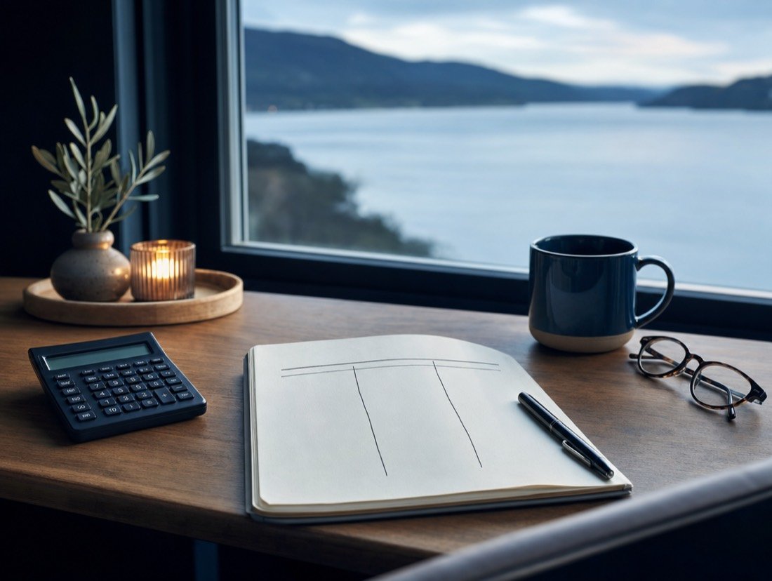 Notebook lying open beside a calculator and a mug, a window behind showing water and low hills