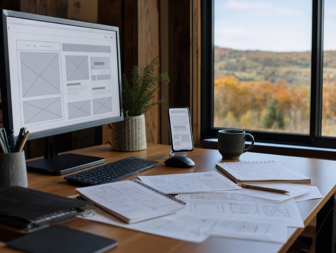A website wireframe on a monitor and a phone, with printed sketches on the desk and autumn colour outside