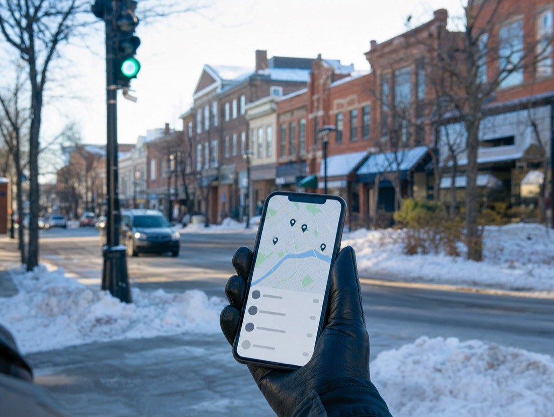 Gloved hand holding a phone with map pins on a snowy street of brick shops, the kind of search this SEO FAQ explains