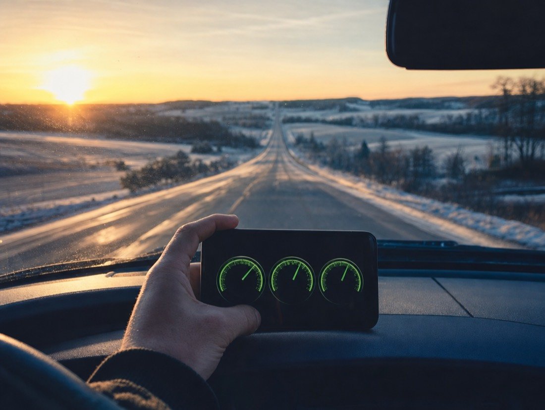 A phone showing three green speed gauges in front of a highway through snowy fields at sunrise