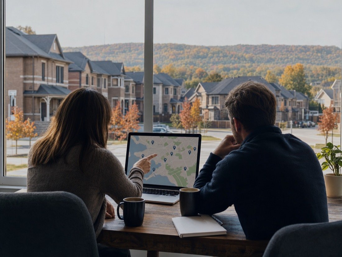 Two colleagues studying a laptop map side by side, with a street of houses beyond the glass