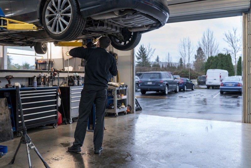 Technician working under a car on a hoist in a tidy garage, an industry where SEO meets tire-changeover searches