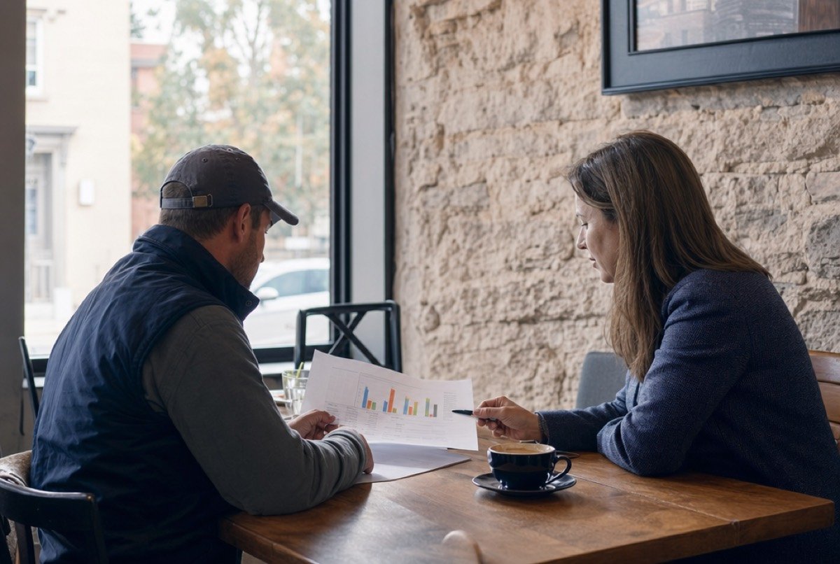 An owner and an adviser reading a printed report at a café table, checking what a month of SEO pricing actually bought