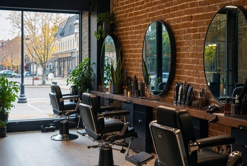 Styling chairs and mirrors in a sunny salon with one wall of bare brick