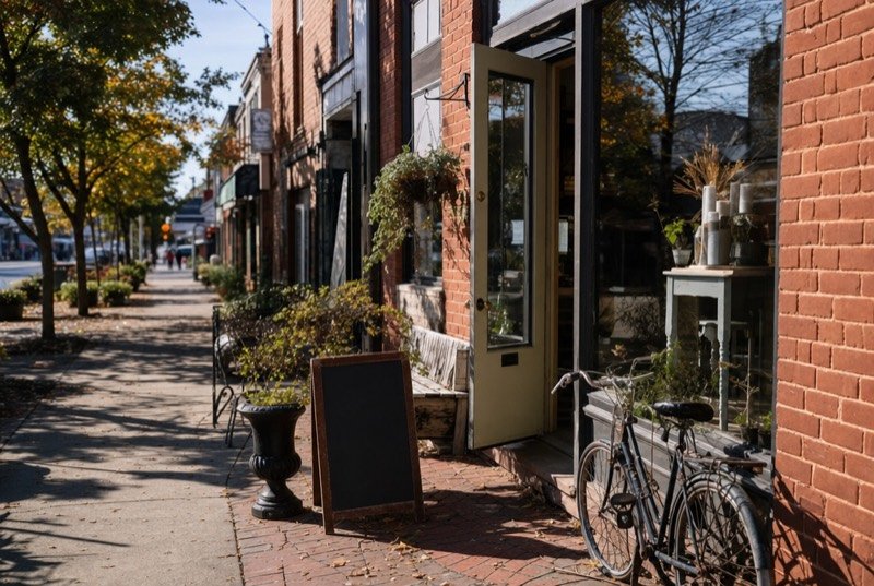 An independent shopfront in a red-brick heritage building with its door open in autumn sun