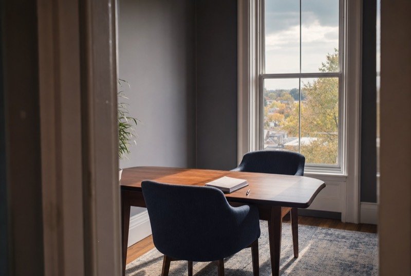Table and chairs in a compact meeting room lit by one tall sash window