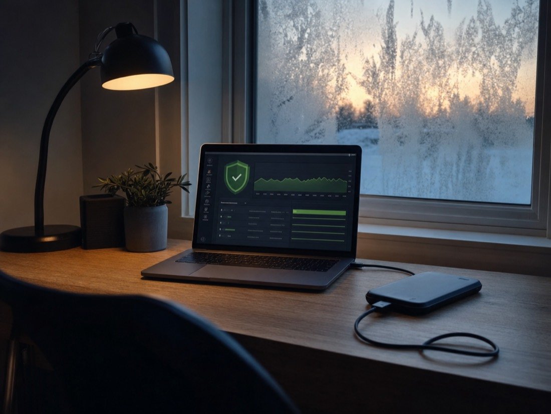 A laptop showing a security shield and an uptime graph beside a backup drive at a frosty window at dawn