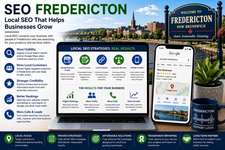 Graphic reading “SEO Fredericton, Local SEO That Helps Businesses Grow” with search results, for firms that compete online